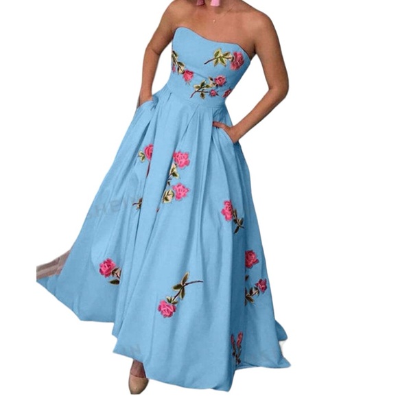Blue Floral Strapless Dress - Picture 4 of 11